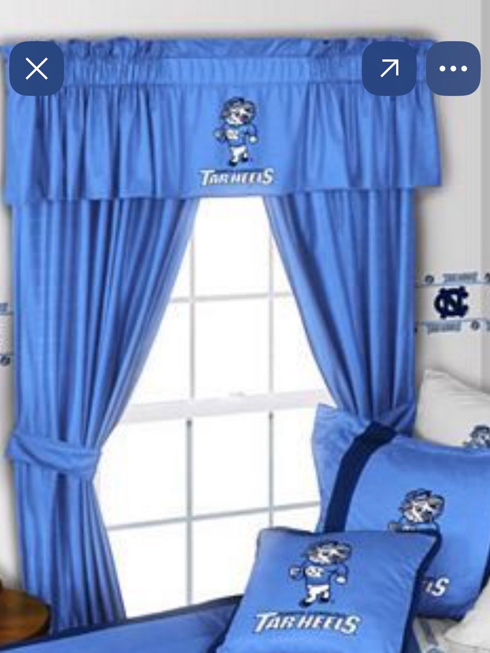 UNC Tarheels Curtains (2 panels, 1 Valance, 2 Tie backs)